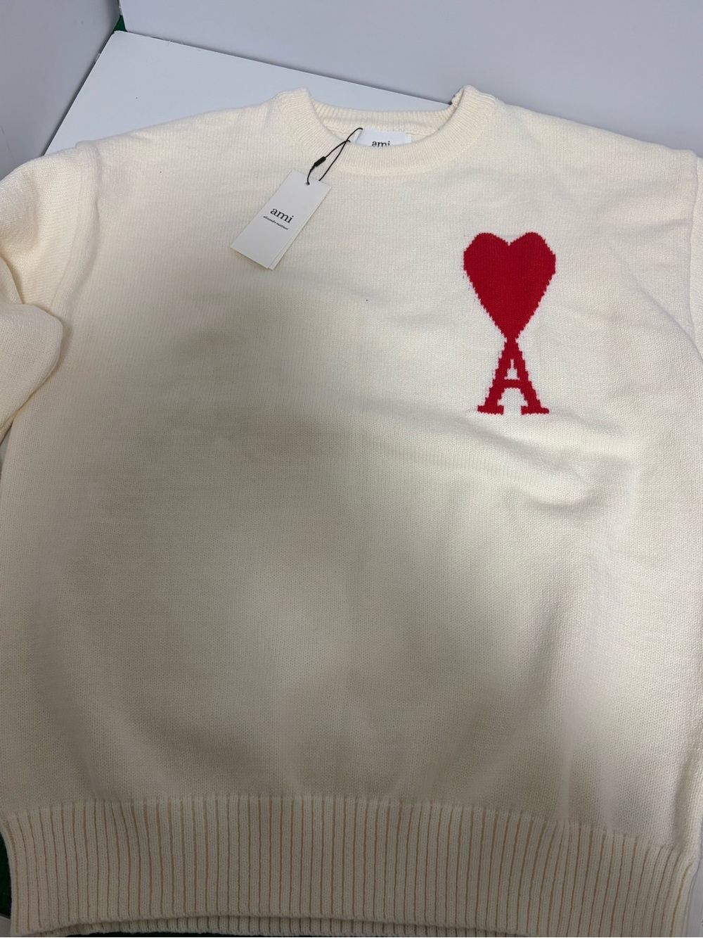 Ami Cream Crewneck Sweater with Red Heart 'A' Motif
